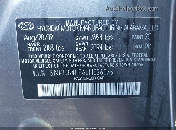 5NPD84LF6LH526075 2020 HYUNDAI ELANTRA Gray Vista del compartimento del motor