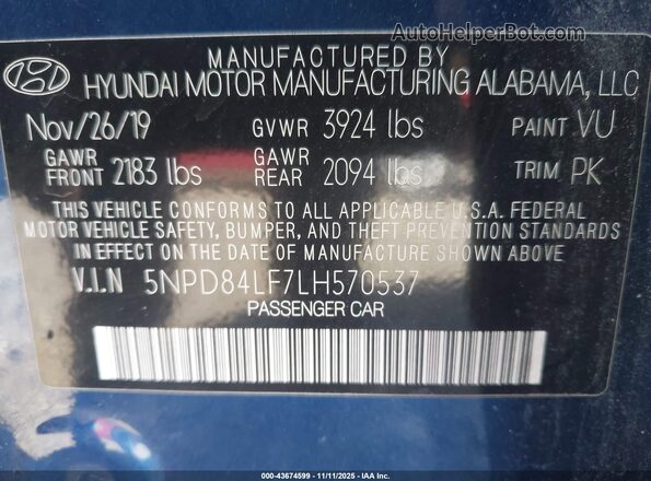 5NPD84LF7LH570537 2020 HYUNDAI ELANTRA Blue Engine compartment view