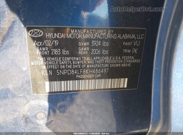 5NPD84LF8KH486497 2019 HYUNDAI ELANTRA Blue Engine compartment view
