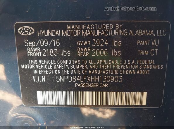 5NPD84LFXHH130903 2017 HYUNDAI ELANTRA Blue Engine compartment view