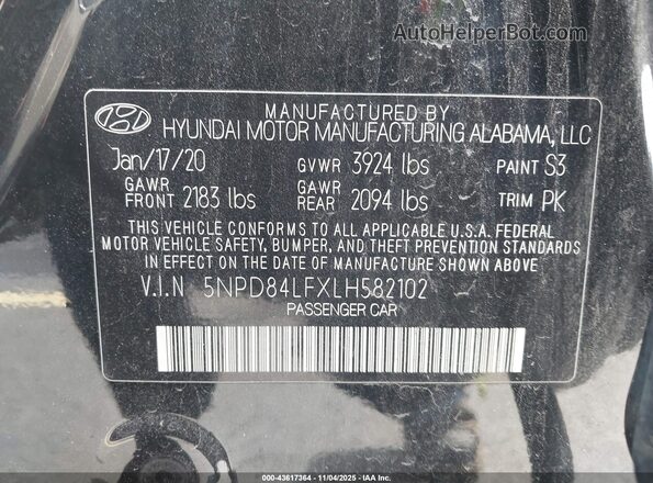 5NPD84LFXLH582102 2020 HYUNDAI ELANTRA Black 