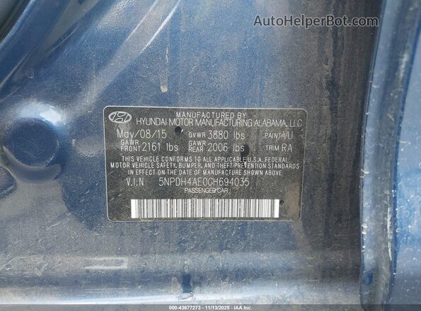 5NPDH4AE0GH694035 2016 HYUNDAI ELANTRA Blue Widok komory silnika