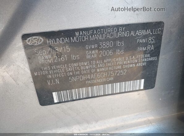 5NPDH4AE6GH757252 2016 HYUNDAI ELANTRA Silver ძრავის განყოფილების ხედი