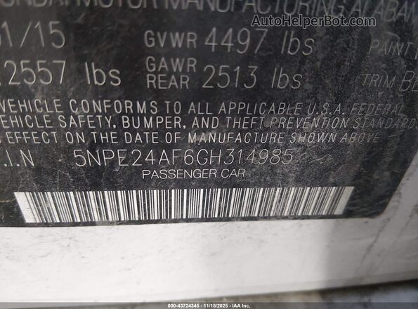 5NPE24AF6GH314985 2016 HYUNDAI SONATA White Շարժիչի բաժամունքի տեսք