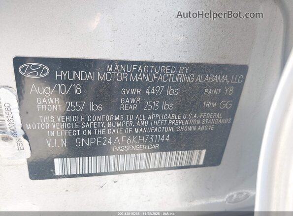 5NPE24AF6KH731144 2019 HYUNDAI SONATA Silver Engine compartment view