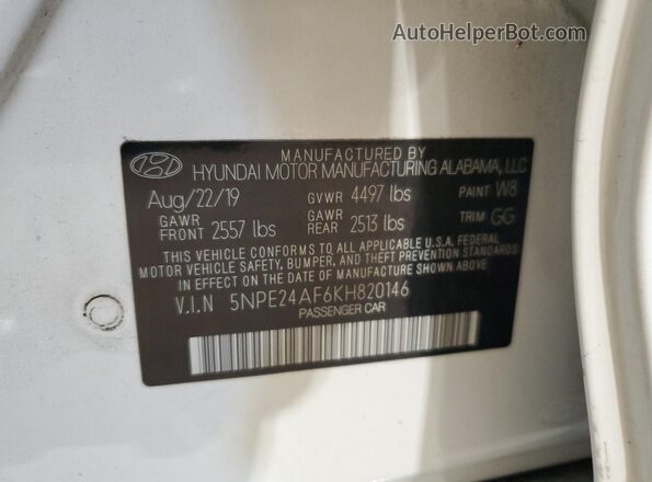 5NPE24AF6KH820146 2019 HYUNDAI SONATA White ძრავის განყოფილების ხედი
