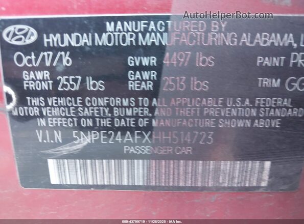5NPE24AFXHH514723 2017 HYUNDAI SONATA Red Widok komory silnika