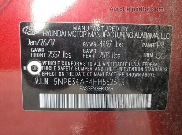 5NPE34AF4HH552655 2017 HYUNDAI SONATA Red VIN კოდის სტიკერის ხედი