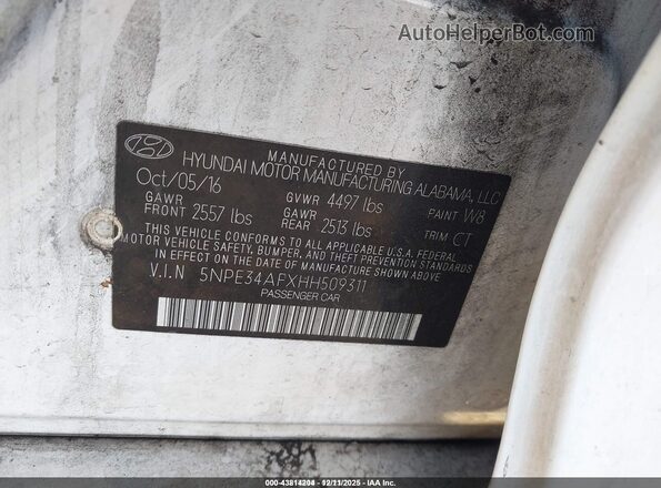 5NPE34AFXHH509311 2017 HYUNDAI SONATA White Вид підкапотного простору