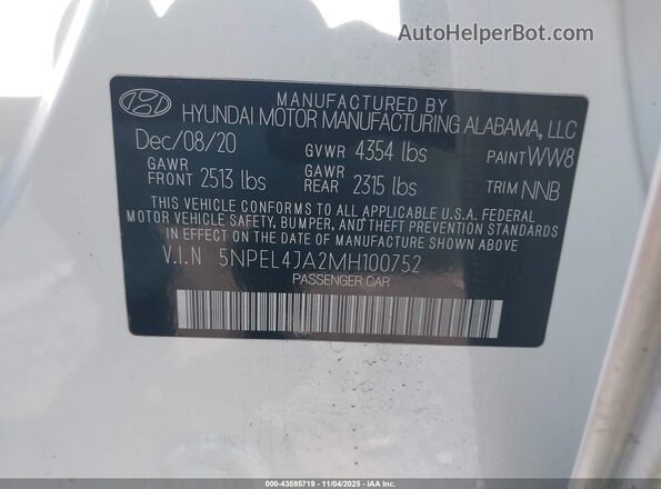 5NPEL4JA2MH100752 2021 HYUNDAI SONATA White Вид підкапотного простору