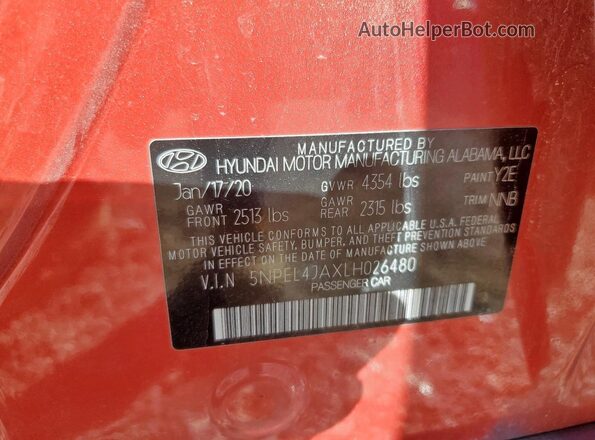 5NPEL4JAXLH026480 2020 HYUNDAI SONATA Red Vista de la etiqueta del VIN