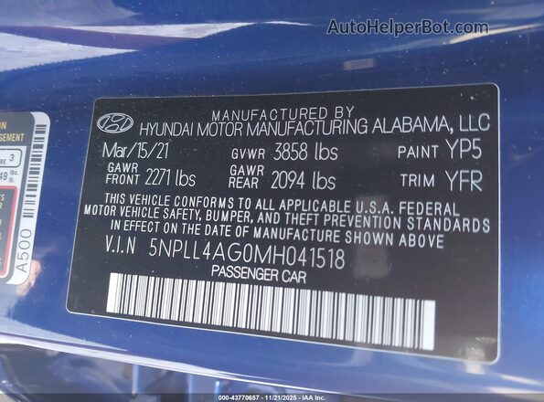 5NPLL4AG0MH041518 2021 HYUNDAI ELANTRA Blue Vista del compartimento del motor