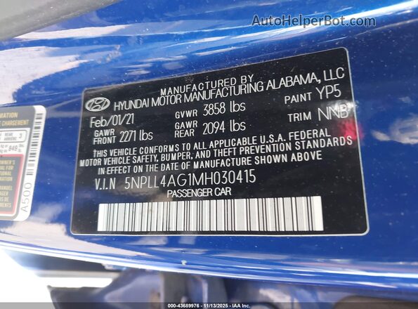 5NPLL4AG1MH030415 2021 HYUNDAI ELANTRA Blue Widok komory silnika