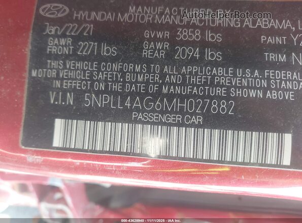 5NPLL4AG6MH027882 2021 HYUNDAI ELANTRA Red Widok komory silnika