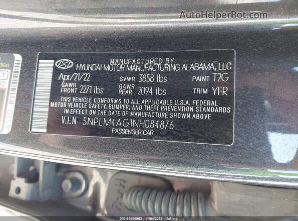5NPLM4AG1NH084876 2022 HYUNDAI ELANTRA Gray Vista del compartimento del motor