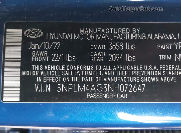 5NPLM4AG3NH072647 2022 HYUNDAI ELANTRA Blue ძრავის განყოფილების ხედი