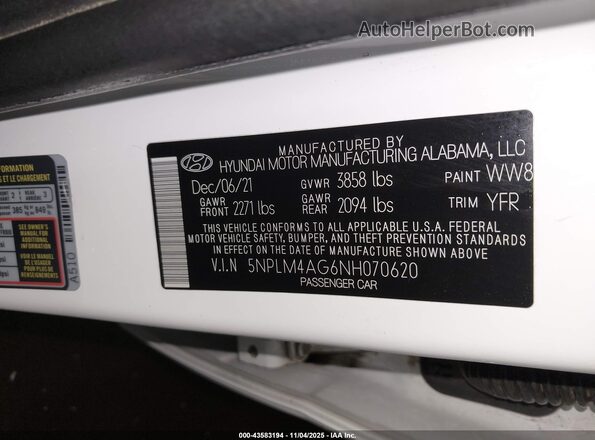 5NPLM4AG6NH070620 2022 HYUNDAI ELANTRA Белый Вид подкапотного пространства