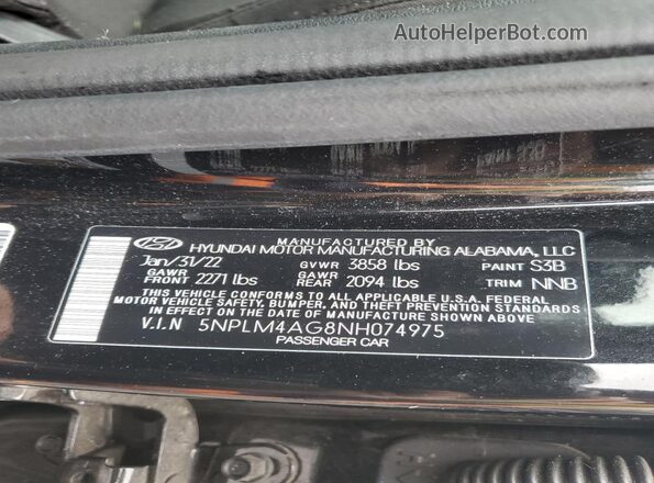 5NPLM4AG8NH074975 2022 HYUNDAI ELANTRA Черный Вид наклейки с VIN-кодом