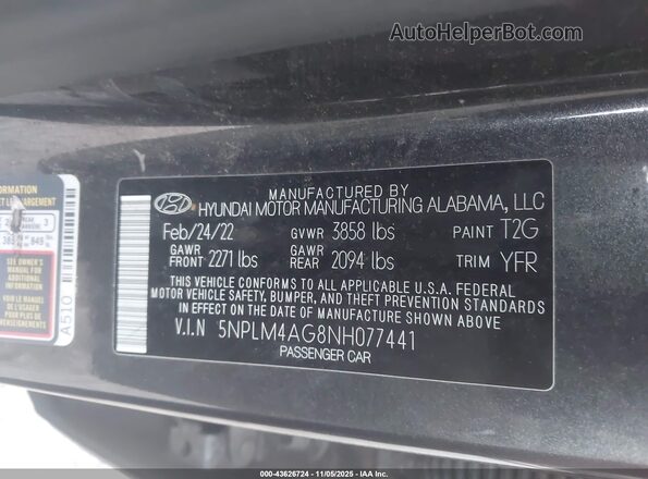 5NPLM4AG8NH077441 2022 HYUNDAI ELANTRA Gray Widok komory silnika