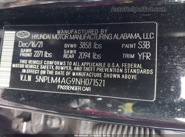 5NPLM4AG9NH071521 2022 HYUNDAI ELANTRA Black Widok komory silnika