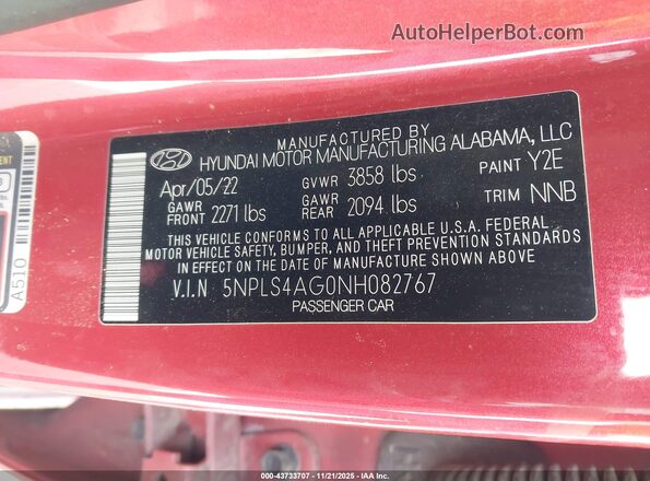 5NPLS4AG0NH082767 2022 HYUNDAI ELANTRA Red Vista del compartimento del motor
