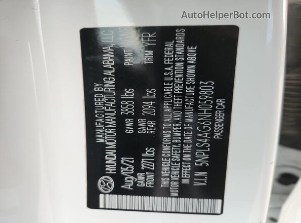 5NPLS4AG6NH059803 2022 HYUNDAI ELANTRA White Вид наклейки з VIN-кодом