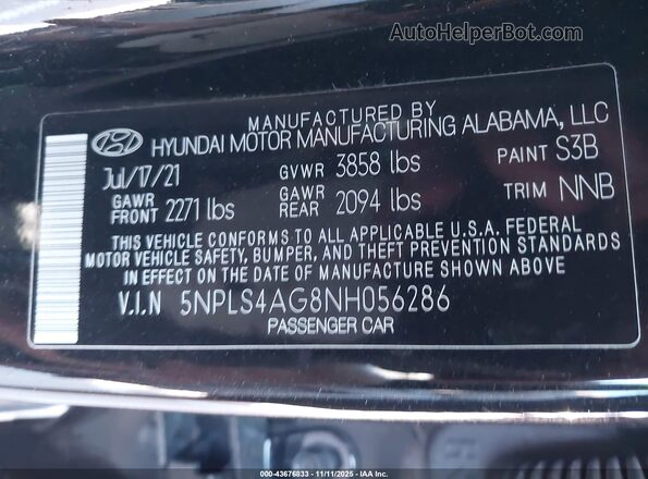 5NPLS4AG8NH056286 2022 HYUNDAI ELANTRA Black Vista del compartimento del motor