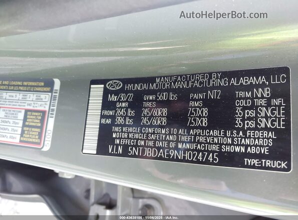 5NTJBDAE9NH024745 2022 HYUNDAI SANTA CRUZ Gray Engine compartment view