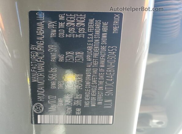 5NTJC4AE8NH030453 2022 HYUNDAI SANTA Green Widok naklejki z numerem VIN