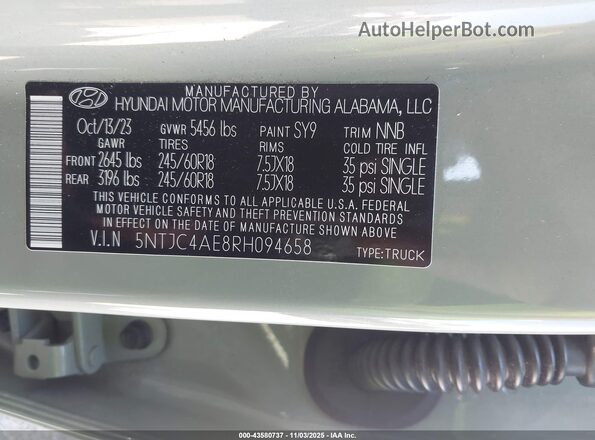 5NTJC4AE8RH094658 2024 HYUNDAI SANTA CRUZ Green ძრავის განყოფილების ხედი