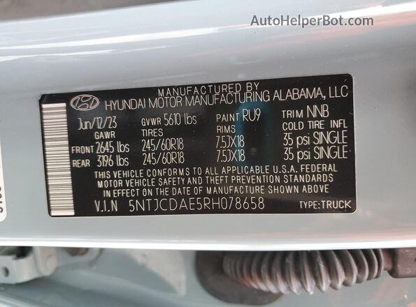 5NTJCDAE5RH078658 2024 HYUNDAI SANTA Blue Vista de la etiqueta del VIN