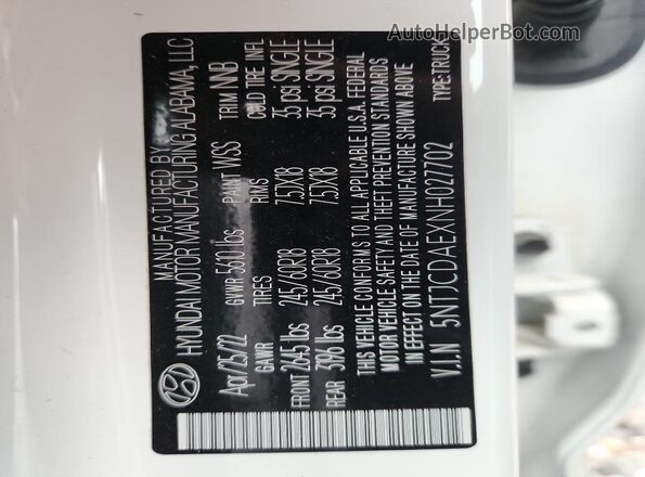 5NTJCDAEXNH027702 2022 HYUNDAI SANTA White Widok komory silnika