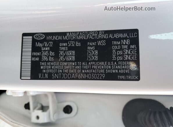 5NTJDDAF6NH030229 2022 HYUNDAI SANTA Белый Вид наклейки с VIN-кодом