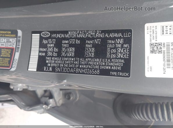 5NTJDDAF8NH026568 2022 HYUNDAI SANTA CRUZ Gray Engine compartment view