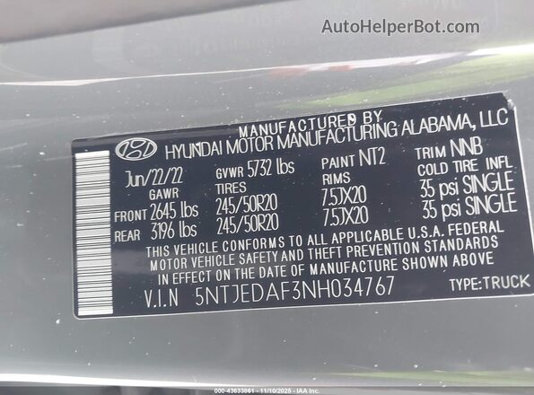 5NTJEDAF3NH034767 2022 HYUNDAI SANTA CRUZ Gray 