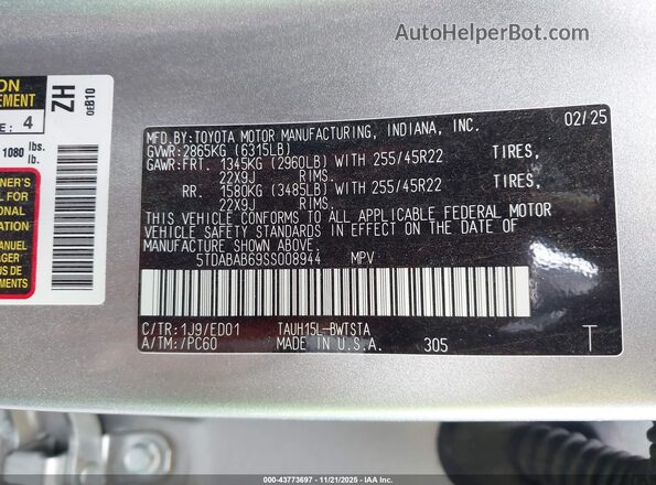 5TDABAB69SS008944 2025 LEXUS TX 500H Silver Вид підкапотного простору