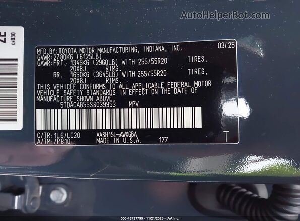 5TDACAB55SS039953 2025 TOYOTA LIMITED Синий Вид подкапотного пространства