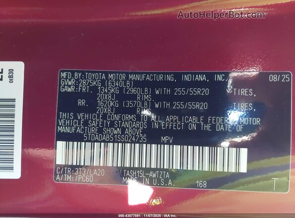 5TDADAB51SS024735 2025 TOYOTA HIGHLANDER HYBRID Red Շարժիչի բաժամունքի տեսք