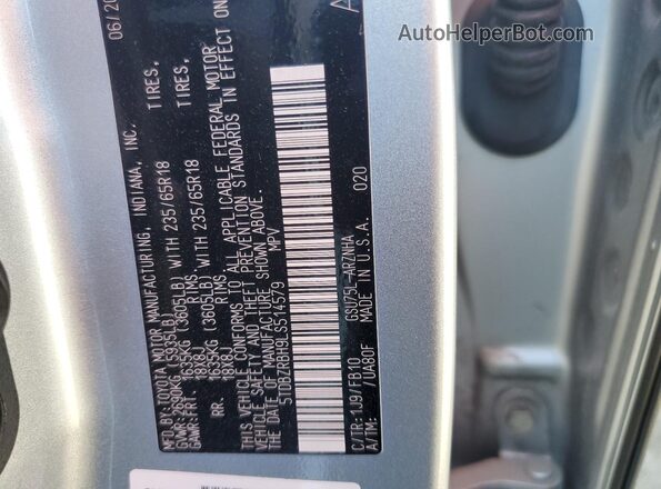 5TDBZRBH9LS514579 2020 TOYOTA HIGHLANDER Silver Vista de la etiqueta del VIN
