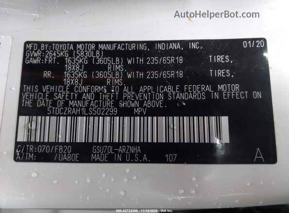 5TDCZRAH1LS502299 2020 TOYOTA HIGHLANDER White ძრავის განყოფილების ხედი
