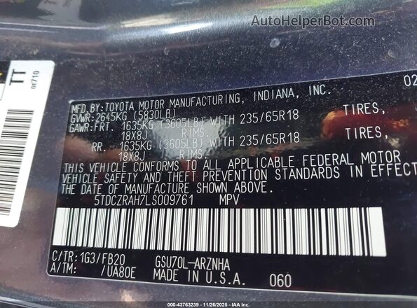 5TDCZRAH7LS009761 2020 TOYOTA HIGHLANDER Серый Вид подкапотного пространства