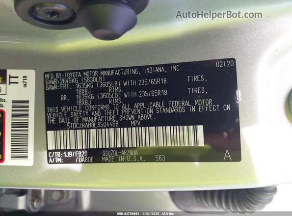 5TDCZRAH8LS504468 2020 TOYOTA HIGHLANDER Silver Вид підкапотного простору