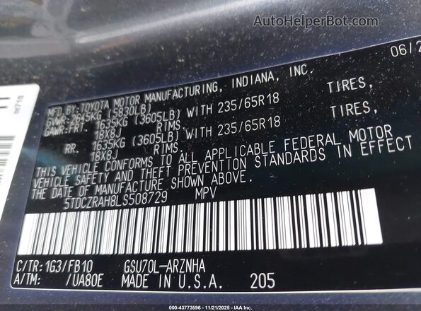 5TDCZRAH8LS508729 2020 TOYOTA HIGHLANDER Gray Engine compartment view