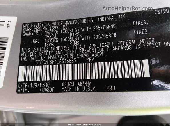 5TDCZRBH4LS515885 2020 TOYOTA HIGHLANDER Silver Widok komory silnika