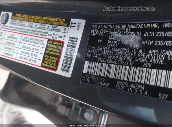 5TDCZRBH8LS023439 2020 TOYOTA HIGHLANDER Gray Вид підкапотного простору
