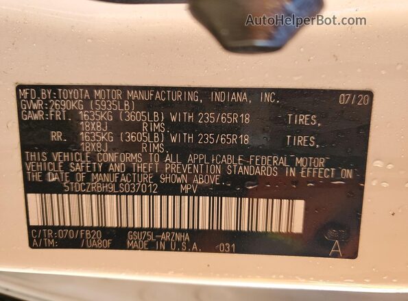 5TDCZRBH9LS037012 2020 TOYOTA HIGHLANDER White Панорамний вид салону 360°