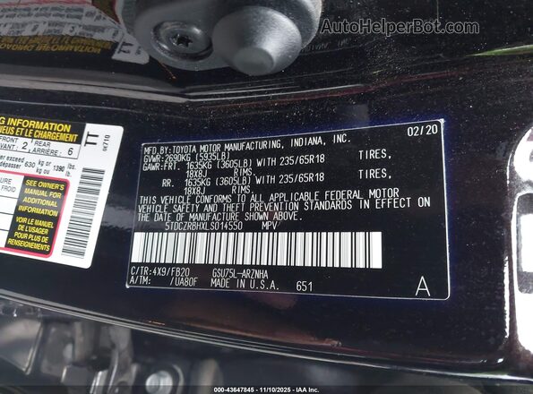 5TDCZRBHXLS014550 2020 TOYOTA HIGHLANDER Black Вид підкапотного простору