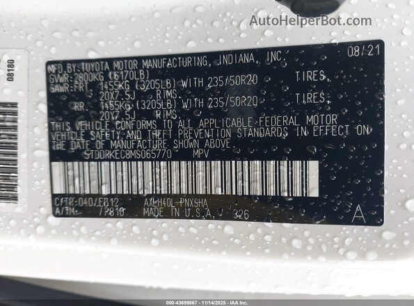 5TDDRKEC8MS065770 2021 TOYOTA SIENNA White Շարժիչի բաժամունքի տեսք