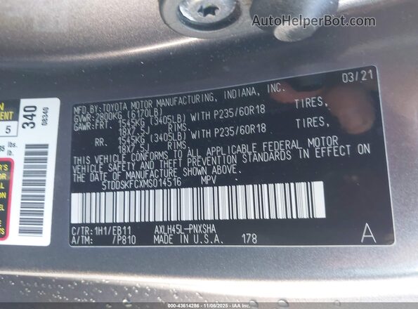 5TDDSKFCXMS014516 2021 TOYOTA SIENNA Gray ძრავის განყოფილების ხედი