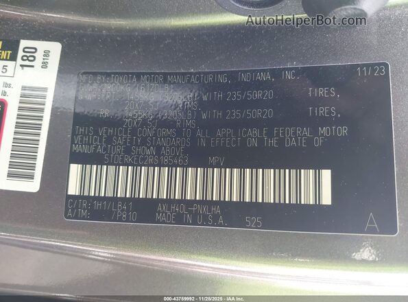 5TDERKEC2RS185463 2024 TOYOTA SIENNA Gray Vista del compartimento del motor